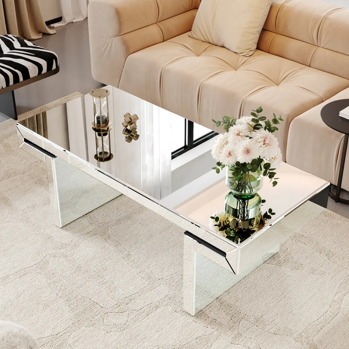 Summerwins 47-in Luxury Rectangular Coffee Table - 47"L x 23"W x 18"H Fluted Tempered Glass Tabletop, Clean Design, Reinforced Fluted Legs, Full-Body Mirrored Surfaces, Space-Saving Sofa Companion, 2-Step Assembly Required, Shipping-Safe Living Room Piece