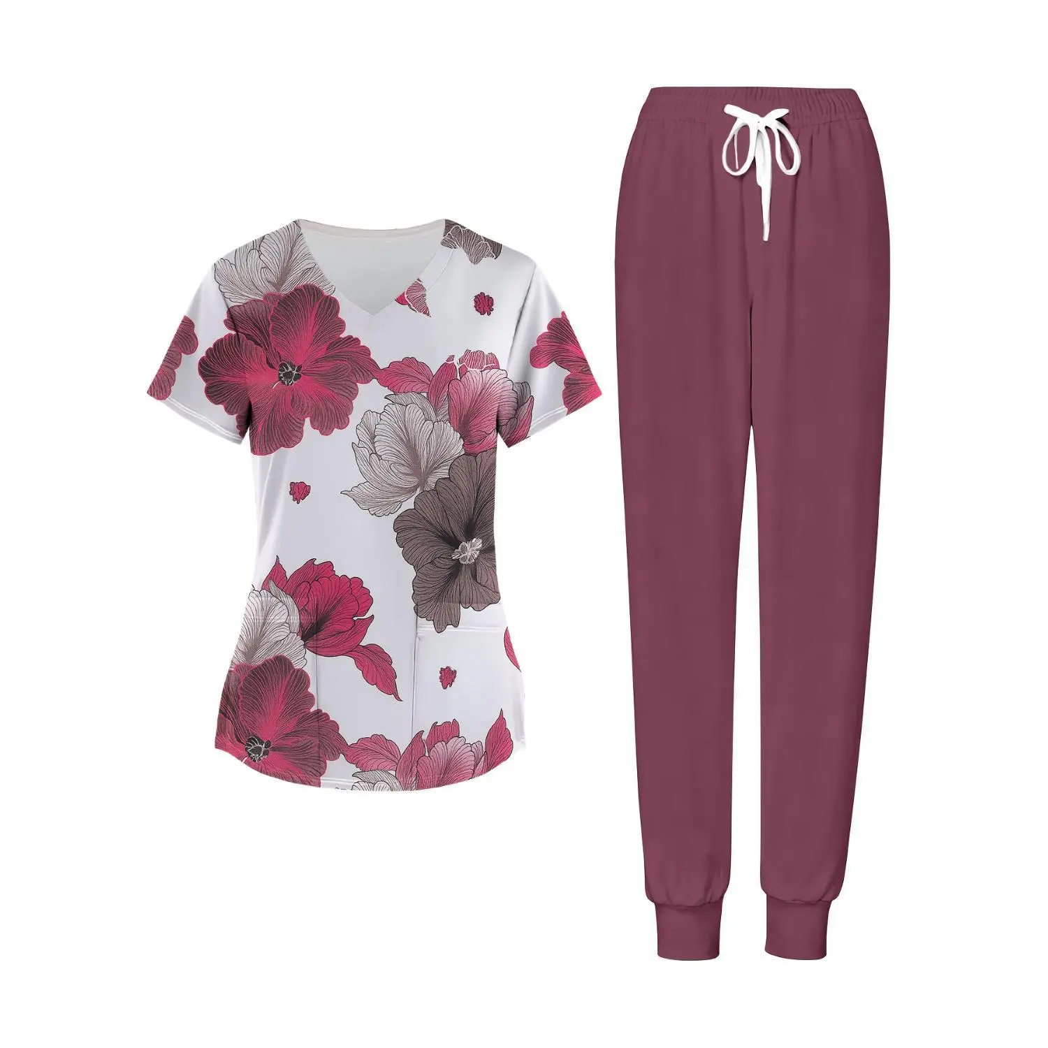 Women's 2-Piece Nursing & Loungewear Set - V-Neck Short Sleeve Top and Jogger Pants, White/Burgundy Floral Pattern, Postpartum Nursing Pajamas