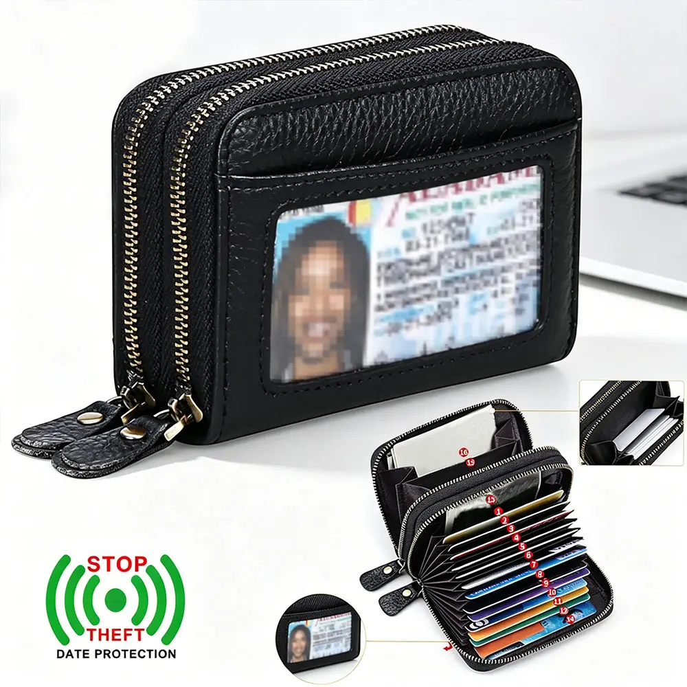 Ciephia Women's RFID Blocking Wallet - Slim Top-Grain Cowhide Credit Card Holder with Zipper Closure, Multiple Card Slots & Coin Pocket, Compact Black Genuine Leather Purse for Women