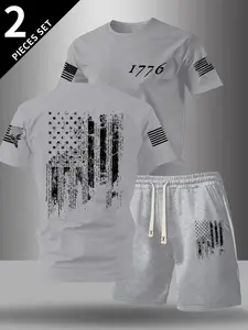 Men's Flag Series Graphic Print Round Neck Short Sleeve Casual T-Shirt + Waist Drawstring Shorts Set, Spring & Fall Outdoor Leisure 2-Piece Menswear