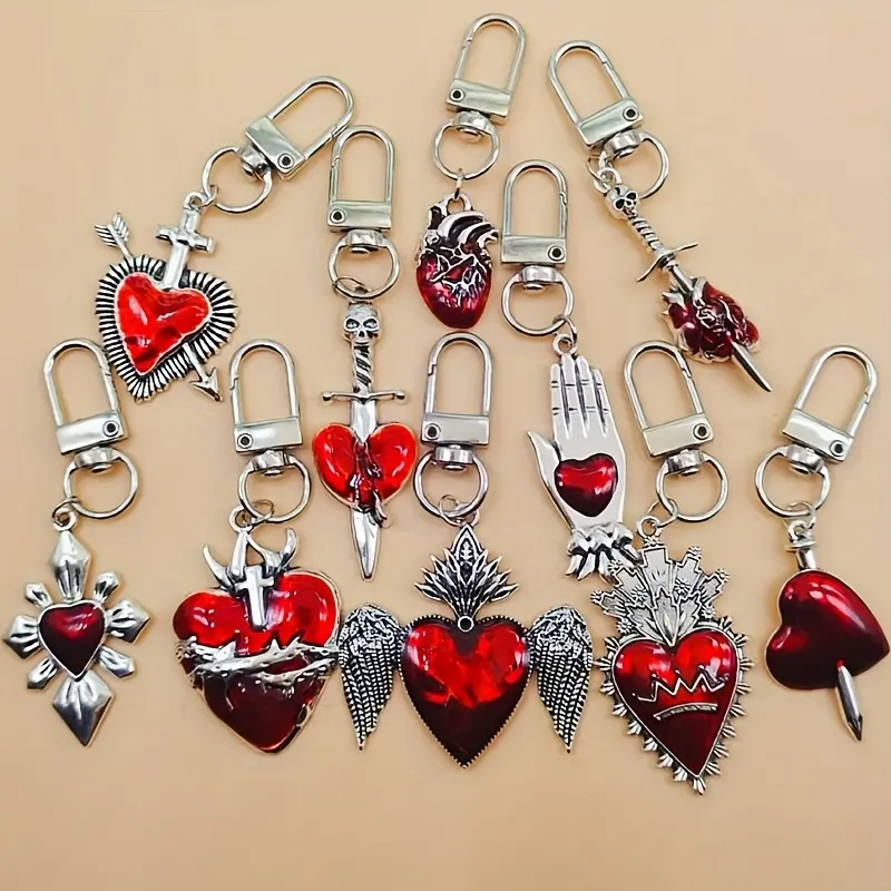 1 Piece Metal Heart Shape Keychain, Gothic Style Winged Heart Keychain, Suitable for Valentine's Day, Halloween, Decorative Red Enamel Love Heart Keychain, Keychain Pendant, Heart Keyring, Stylish Keyring