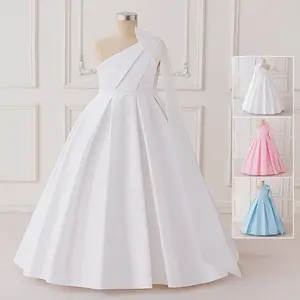7-12Y White 618 Kids Clothes Flower Girls Princess Long Ball Gown Frock Sloping Shoulders Bow Children Formal Evening Party Banquet Pageant Prom Host Cocktail Dress