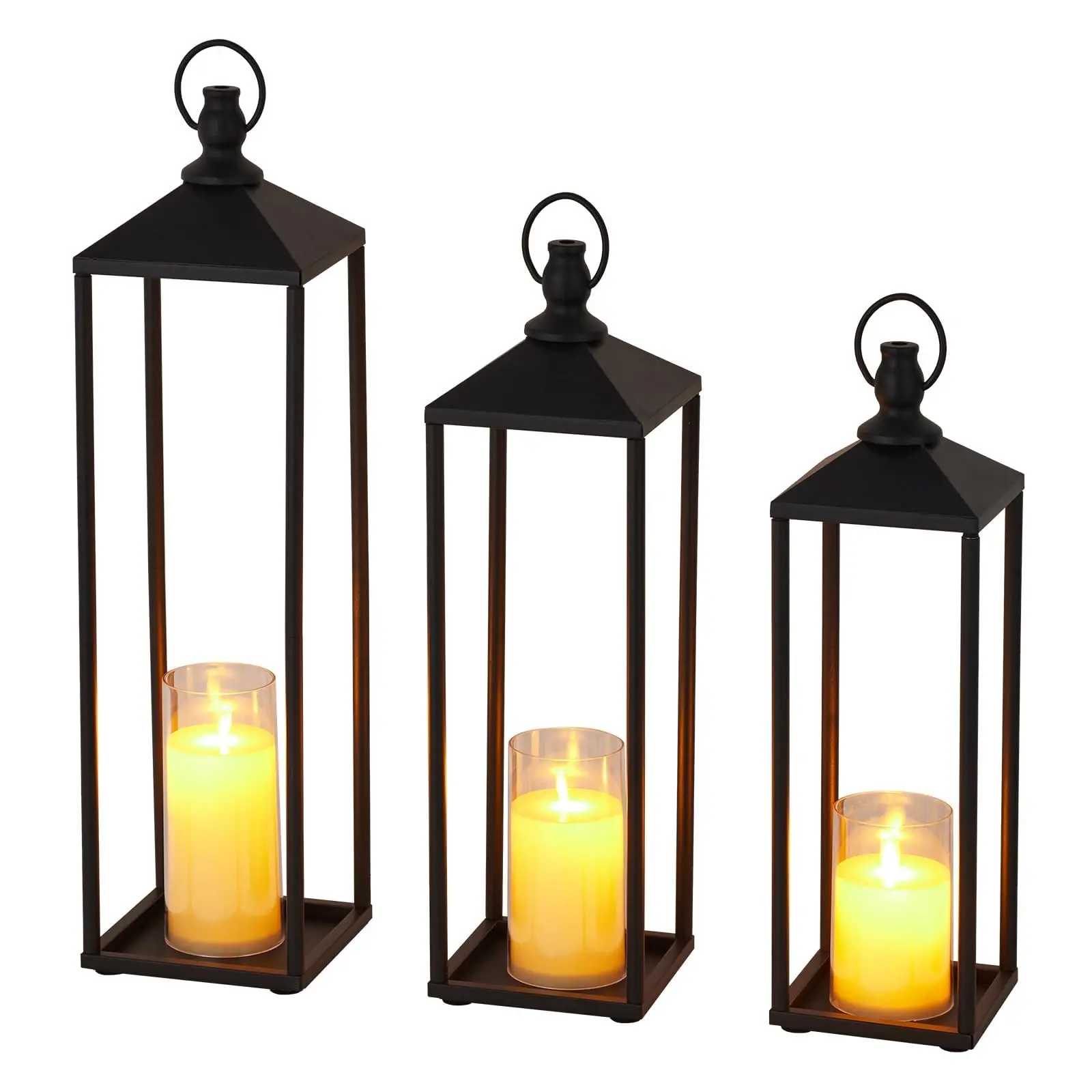 17"+19"+22" Large Metal Black Candle Lanterns Set with Flameless LED Candles, Decorative Outdoor Indoor Lanterns for Patio Porch Garden Home Floor Decor, Halloween Christmas Decorations