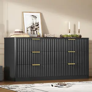 Morden Fluted Dresser for Bedroom with 6 Drawers, 47" Wide Chest of Drawers with Metal Handle, Modern Wood Dresser Cabinet , Wooden Closet Clothes Storage Organizer for Living Room, Hallway, Black
