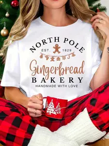 Women Christmas T-shirt Vintage Retro North Pole Gingerbread Bakery Youth Kids  T-Shirt Print Round Neck Short Sleeve T-Shirt For Women Casual, Summer, Women Top Graphic Tees Women Tops