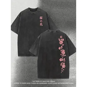 Japanese Cherry Blossom Double-Sided Cherry Blossom Pattern Print. Round Neck Short Sleeve Washed T-Shirt 230g Cotton Double-Sided Washed All-Matching Fashionable Retro Batik High Quality Cotton Short Sleeve Street Retro Menswear Top Valentine's Day gift