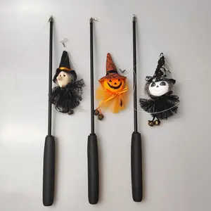 3-Pack Halloween Telescopic Cat Teaser Wands - Interactive Fishing Rod Toys with Witch and Pumpkin Designs, Extendable Cat Wand Set for Fun and Exercise Ghost Pumpkin Interactive Cat Teaser Wand Halloween Feathered Cat Teaser Toy Set