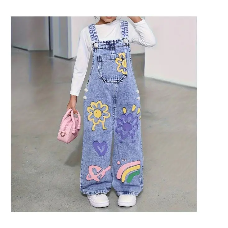 Girls' jeans, young girls' sunflower pattern printed straight loose denim overalls, workwear-style overalls, holiday pants, must-have workwear overalls for back to school
