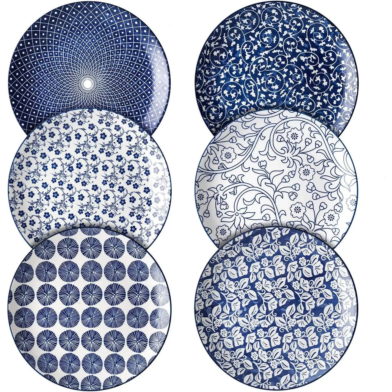 8 inch Porcelain Dinner Plates, Large Size Serving Plate for Salad, Pancakes, Steak, Set of 6,  Blue
