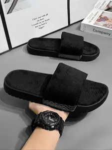 Men's Solid Color Velvet Slippers, Casual Comfortable Home Slippers, Warm Slippers for Indoor & Outdoor Use for Fall & Winter, Footwear