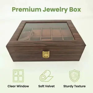 Wood Grain Texture Watch Jewelry Storage Box, 10-Zone Watch Collection Case, Transparent Glass Lid, Dust-Proof, Ideal Gift