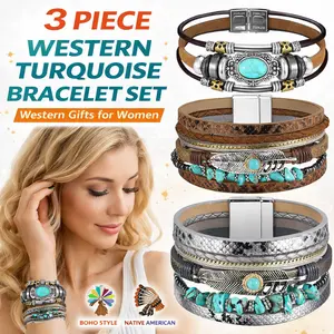 3 Pcs Western Turquoise Bracelets Set – Sterling Silver Plated Native American Cuff Bangles, Bohemian Gemstone Jewelry Gift for Women