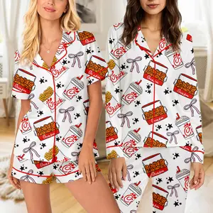 Fried Chicken Satin Pajama Set, Foodie Stars Sleepwear, Women's Short PJ Set