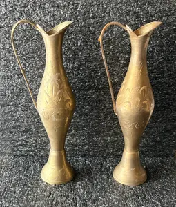 Pair Brass Etched Vase Pitcher with Handle Tall 8” A Pair       B24