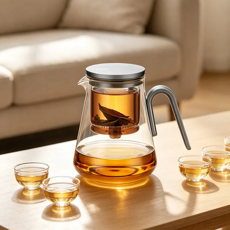 Magic Teapot, Magic Loose Leaf Brewing Teapot,No buttons, heat-resistant borosilicate glass and walnut wood, teapot, tea brewer, ideal gift for tea lovers (800 mL)