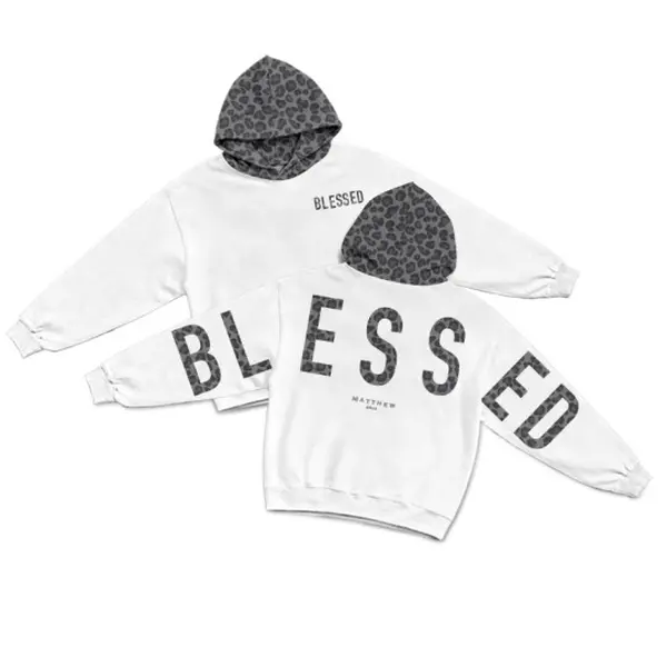 Blessed Matthew 5:3-12 Leopard Design Patchwork Print Causal Hoodie, Faith Streetwear for Men & Women