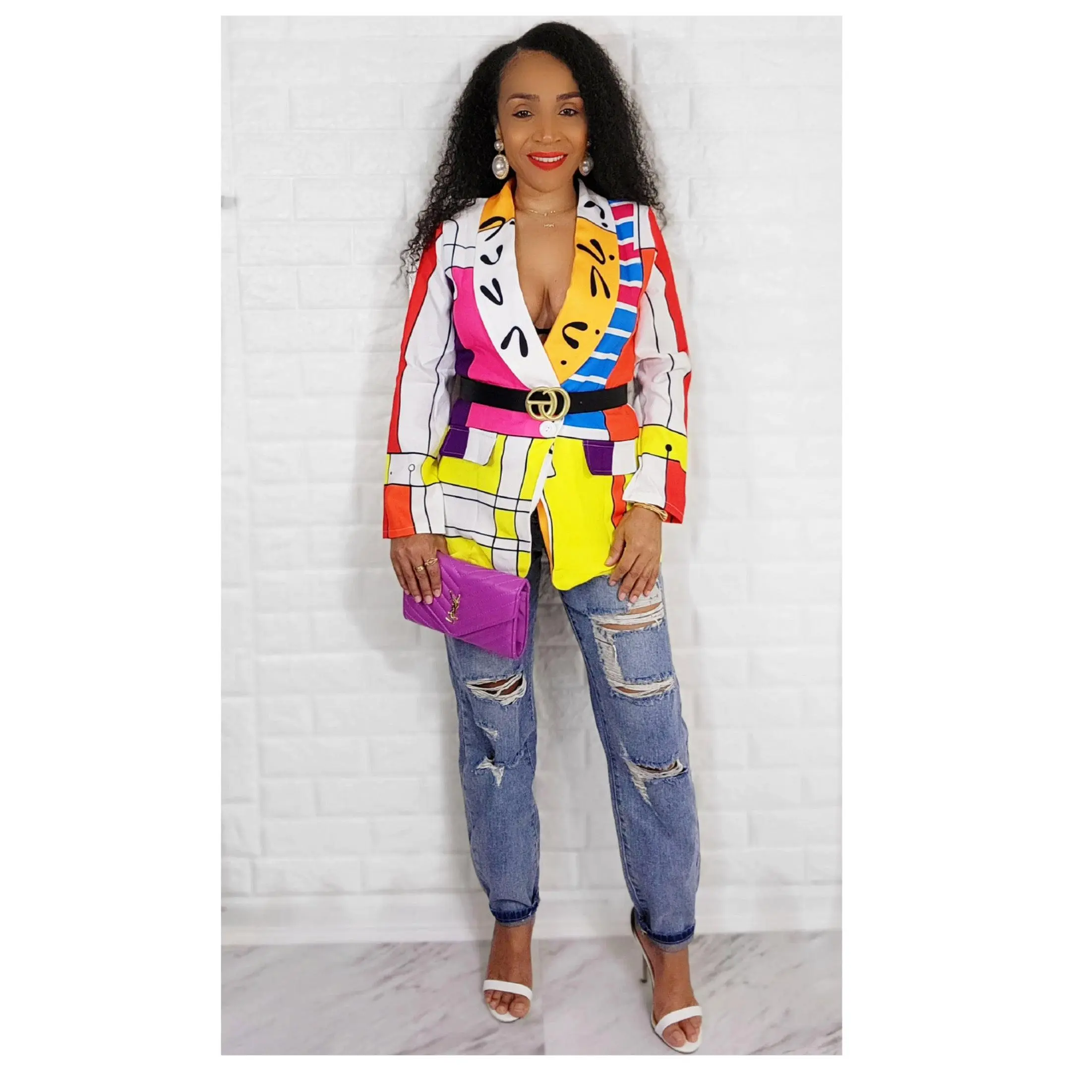 03072022 Yellow/Pink Multi Print Elegance One Button Blazer
