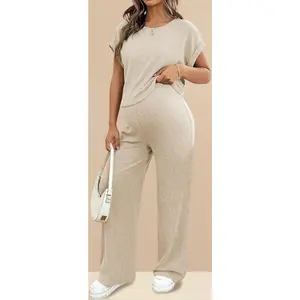 Women’s Maternity Ribbed Short Sleeve Pajamas Set – 2 Piece Lounge & Sleepwear Outfit, Soft Pregnancy Clothes