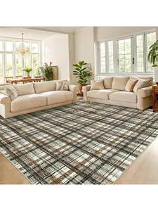 Green Coffee-5*7 feet  Modern Plaid Machine Washable Area Rug Non Slip Non Shedding Throw Rugs Stain Resistant Pet Friendly For Bedroom Living Room Low Pile Ultra Thin Flodable Indoor Carpet For Dining Room Kitchen Nursery