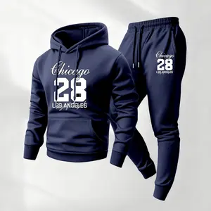 Men's Chicago28 Print Hoodie and Drawstring Sweatpants Set, Menswear, Casual Athletic Long Sleeve Hooded Jacket & Trousers for Fall & Winter, Men's Clothing for Daily Wear, Sportswear Indoor Outdoor, Tracksuit, Athleisure Summer Clothes