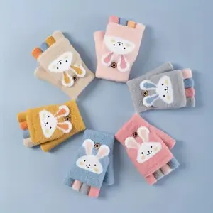 Winter Gloves, Five-Finger Baby Thick Half Finger Girls Knitted Cute Cartoon Warm Flip Gloves, Kids Cold Weather Accessories