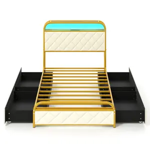 COSTWAY - Twin/Full/Queen Size Bed Frame with LED Lights and Charging Station Gold-Twin Size