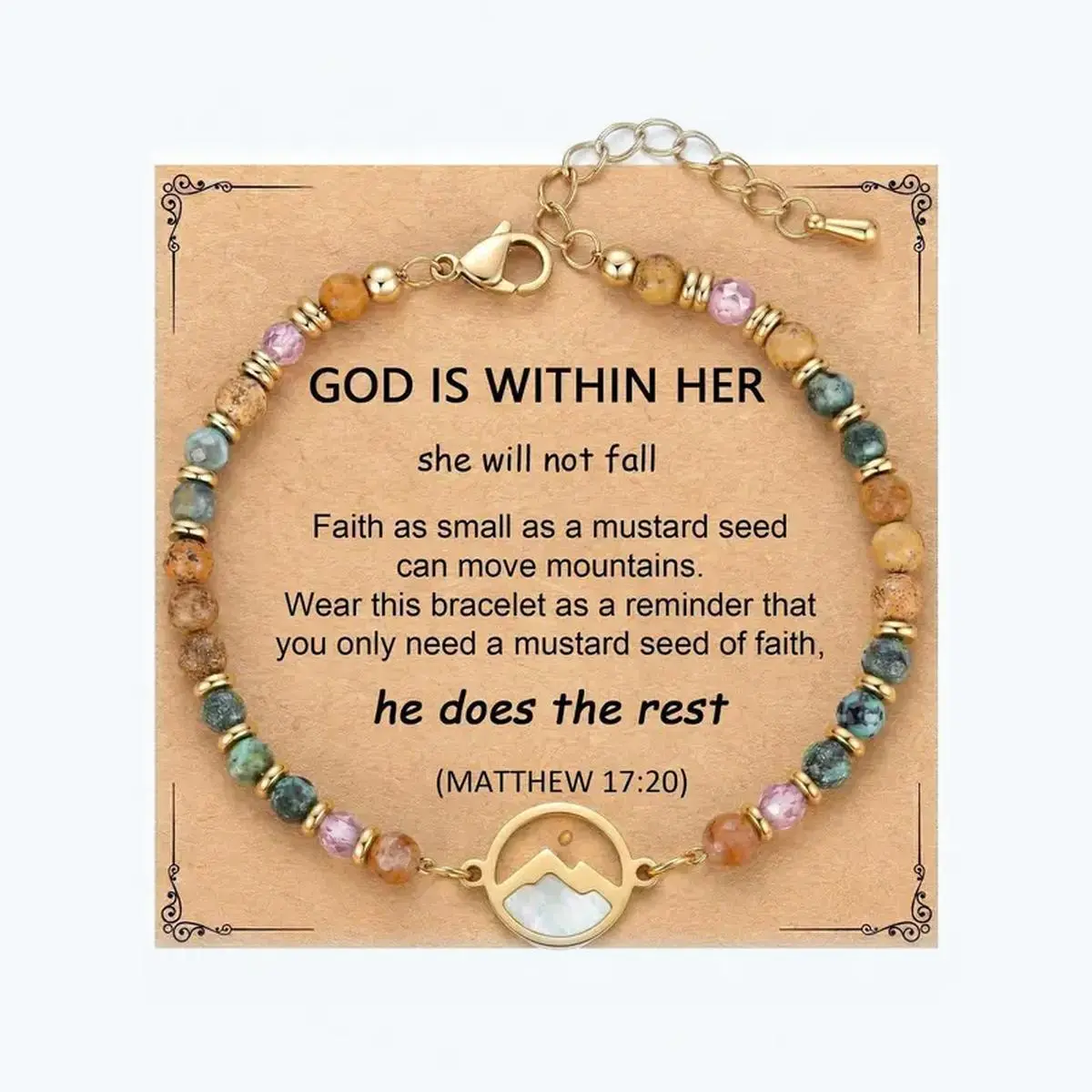 Women’s mustard seed beaded bracelet with “Move Mountains” pendant and Matthew 17:20 message card, inspirational Christian faith jewelry gift