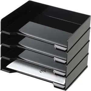 4 Pcs Stackable Rectangular Plastic Letter Tray Paper File Holder Desk Organizer for Desktop Office Desk Drawers (Black)