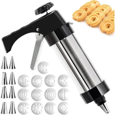 MIUVA Functional Reusable Rust-Resist Steel Cookie Press Gun Kit - Bakery Cookie Presses, Baking Supplies, Kitchen Gadgets, 13 Discs, 8 Decorative Piping Tips, Multiple Molds, Spritz/Pipe Desserts, Cake Icing Tool, Holiday Bakeware Utensils for All Ages