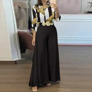 ChicMe 2 Pieces Outfit Striped & Golden Floral Print Turn-down Collar Button Front Top and Causal High Waist Elastic Back Waist Wide Leg Pants Set