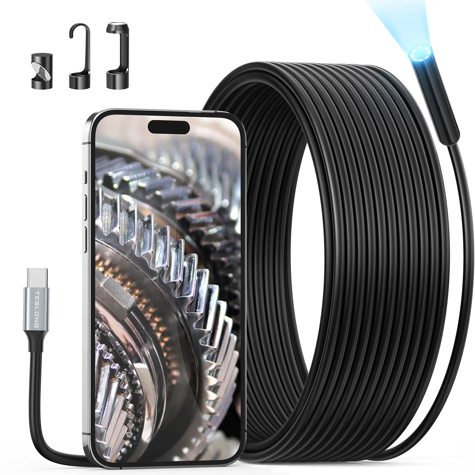 Teslong USB-C Endoscope Camera with Light, Type-C Snake Borescope, 10FT Flexible IP67 Waterproof Inspection Camera for iPhone 15/16/17, Android, Automotive HVAC Drain Wall