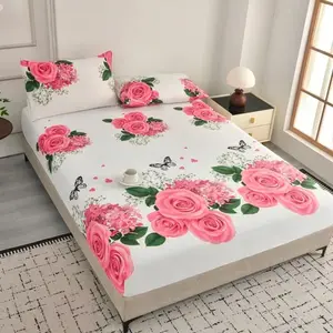 3pcs Rose Bedding Set, Deep Pocket Fitted Sheet, Soft Comfortable, Single/double Size, Includes Mattress Protector and Pillowcases