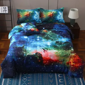 Full Galaxy Comforter Sets 6 count Bed in A Bag, Outer Space Themed Bedding for  Boy Girl Teen ,1 Comforter, 1 Flat Sheet, 1 Fitted Sheet, 2 Pillowshams, 1 Cushion Cover(Blue)
