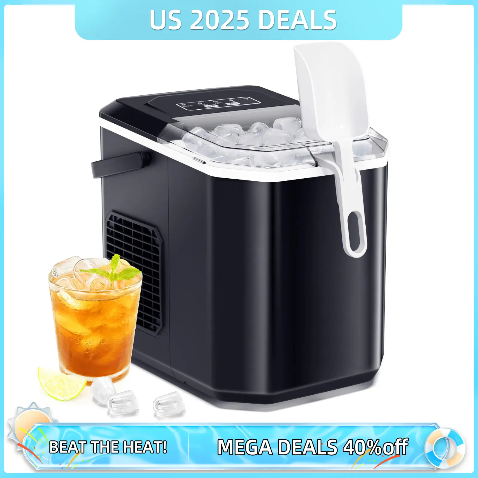 Xbeauty Ice Makers Countertop, Large Chunks of Bullet Ice, Adjustable ice Cube size, 9 Bullet Ice Cubes in 6 Mins, with Basket, Handle and Scoop, for