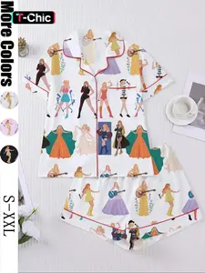 Women's Concert Movie Print Sleepwear Set, Pajama Set, Short Sleeve Button-Down Soft Top and Loose Elastic Shorts, Casual Home Wear for Swift Fans
