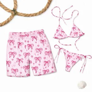 Pink Bow & Hearts Bikini Set + Matching Men's Swim Shorts, Cute Summer Beachwear for Women & Men, Fun Vacation Swimwear