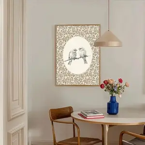 Vintage Bird Art Print Poster with Wooden Frame, Antique Bird Pencil Drawing Canvas, Country Room Decor, Living Room, Natural Farmhouse Style