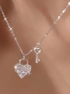 Lock & Key Pendant Necklace, Cubic Zirconia Jewelry Gift for Girls, Perfect Birthday Party Present for Friends, Love Heart Necklace
