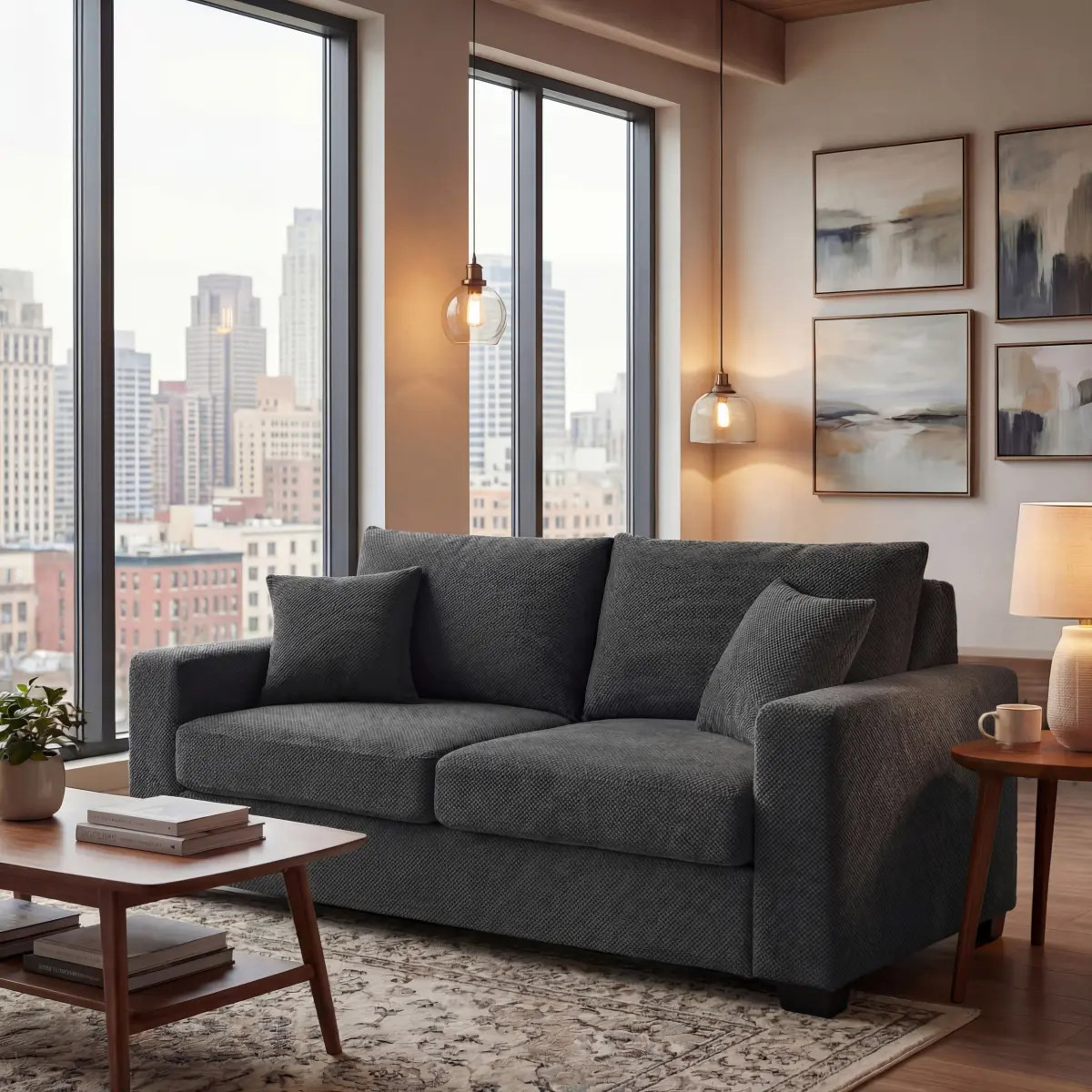 69" Modern Loveseat Sofa Couches for Small Living Room, Upholstered Sofa with Throw Pillows, 2 Seat Corner Couch, Comfortable Couch with Sturdy Plastic Legs for Living Room, Apartment, Office, Dark Gray