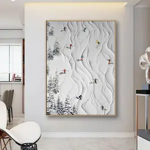 Skiing Sport Art Plaster Style Textured Wall Art Personalized Gift For Skiers White Snowboards Paintig Skier Painting