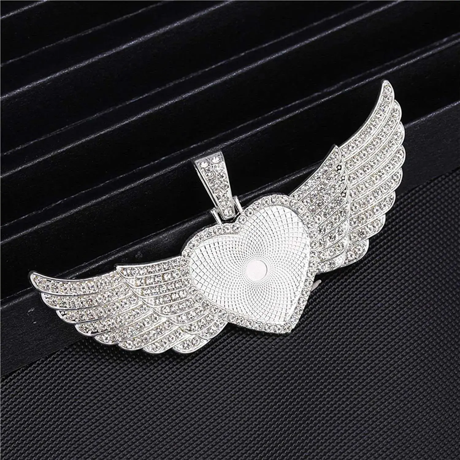 Heart with Wings Pendant Setting, 1-Inch Blank Alloy Tray with Rhinestone Bezel for DIY Jewelry, Customizable Valentine's Day Christmas Gift