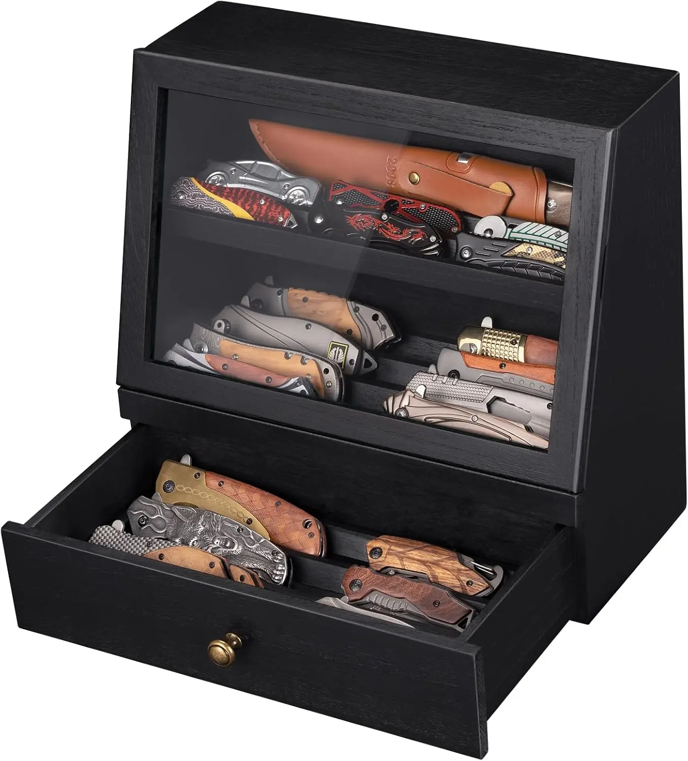 Pocket Knife Display Case for 22–30 Folding Knives, Drawer with Removable Display Shelf, Knife Organizer Storage Box, Gift for Men (Black)