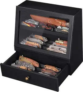 Pocket Knife Display Case for 22–30 Folding Knives, Drawer with Removable Display Shelf, Knife Organizer Storage Box, Gift for Men (Black)