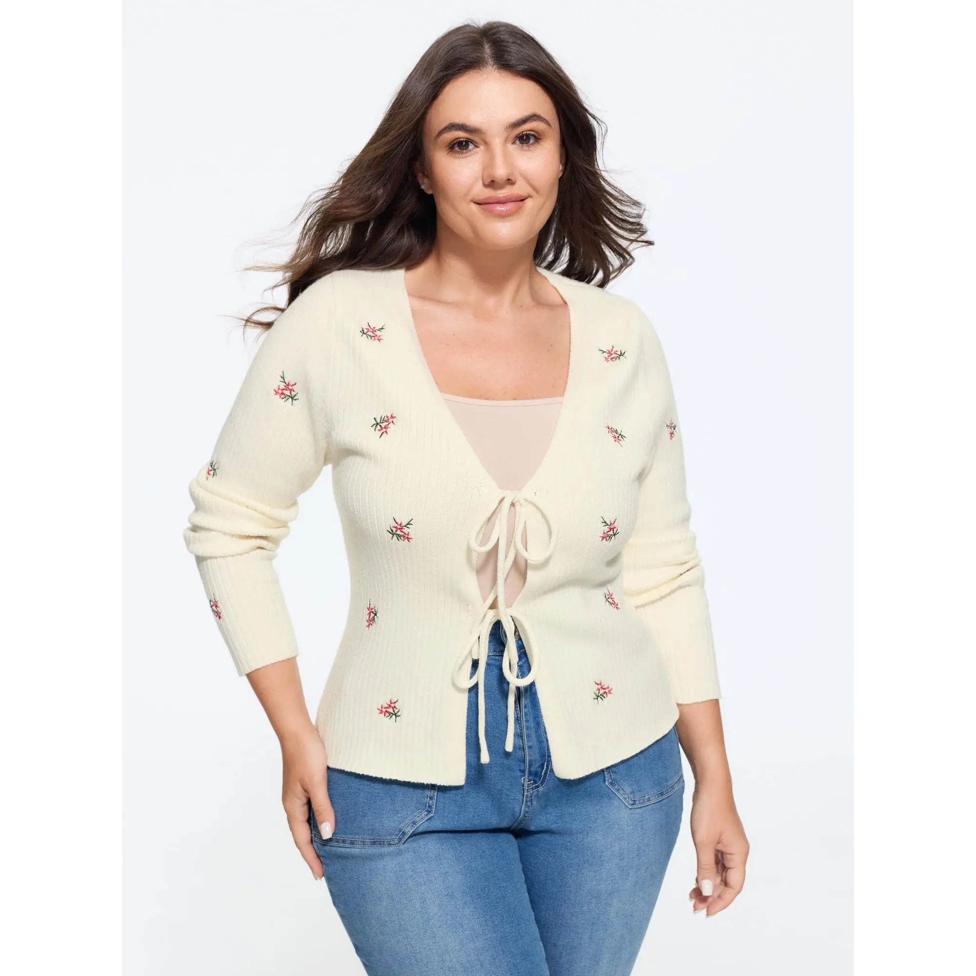 BloomChic Women's Plus Size Floral Embroidery Tie-Front Knit Cardigan, Sizes M-6X, 2026 Summer Collection