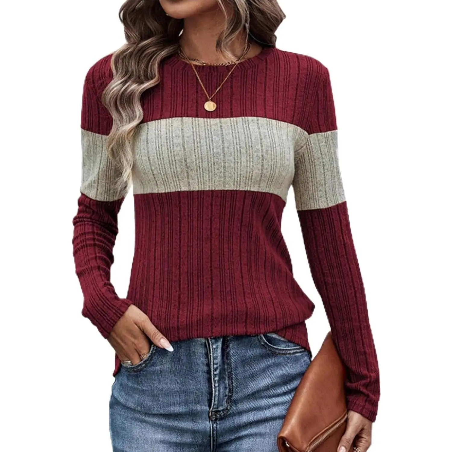 Women's Plaid Color Block Knitwear Tunic Top, Casual Fitted Cut Long-Sleeve Ribbed Knit Pullover with Round Neck, Drop Shoulder, Machine Washable, Tops, Women's Clothes, Colorblock Knit Sweater