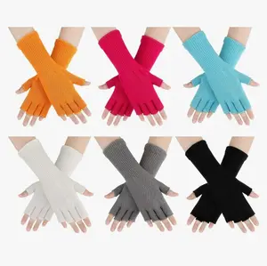 6 Pairs Unisex Half Finger Gloves Warm Stretchy Knit Fingerless Gloves 8.6 Inches Soft Gloves for Women Men