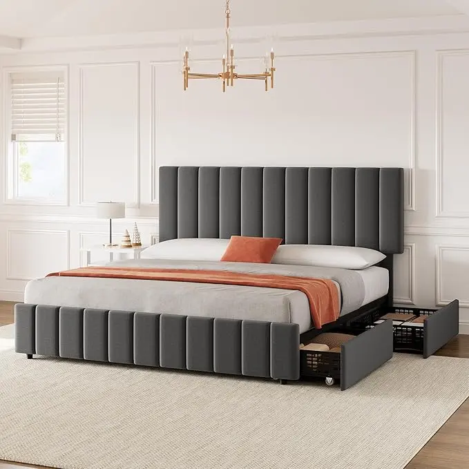 Upholstered Platform Bed Frame, Bed Frame with 4 Storage Drawers Adjustable Height Headboard, No Box Spring Needed,Easy to Assembly