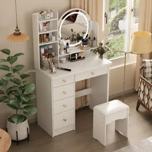 FUFU&GAGA Vanity Desk with Mirror, Lights and Drawers for Makeup, includes Shelves, Cushion Stool for Bedroom