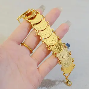 Classic Turkish Gold Coins Bracelet 21k Gold Plated Kurdish Bridal Fashion Cuff Bangles Dubai Women Wedding Party Jewelry