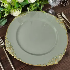 6-Pack Acrylic Round Charger Plates 13" in Dusty Sage Green with Gold Embossed Baroque Rim, Antique Decorative Dinner Party Charger Tableware